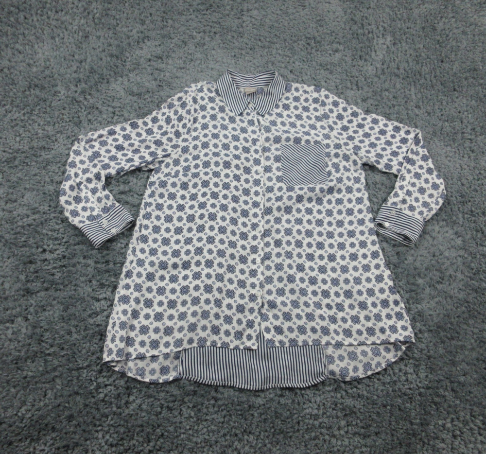 Chicos Shirt Womens 1 US 8 10 Floral Paisley Stripe Button Up Tunic Top Blouse